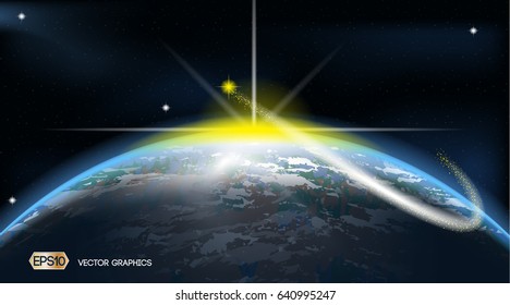 Earth Space ads template. Cosmic stars light background. 3D Realistic Vector illustration
