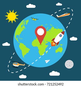 Earth in space banner with rocket, sun, moon, plane, helicopter, paper airplane drone, clouds and map pin. Poster with planet. Vector illustration.