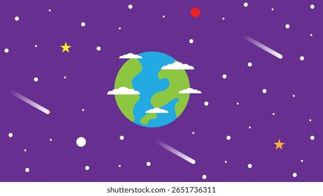 Earth in Space Flat Style with Stars. Science and space exploration concept vector art