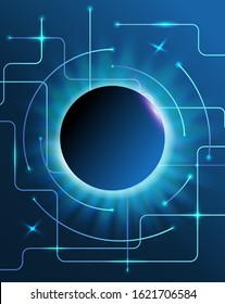 Earth in the space. Glowing waves of Internet and information on a dark background. Abstract techno backgdrop. Place for text and infographics. Vector illustration.