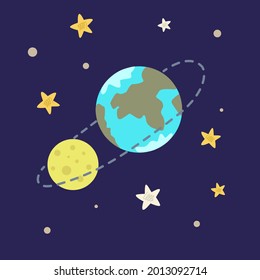 Earth in the space and the Moon on the orbit. Cute hand drawn illustration with stars.