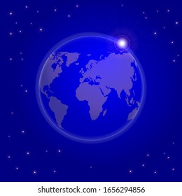 Earth from space. Night view. Moon rise on the horizon. Starry sky. Realistic vector illustration.
