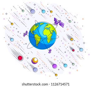 Earth in space, our planet in huge cosmos surrounded by artificial satellites, rockets and stars. Global communication technology theme. Thin line 3d vector illustration isolated on white.