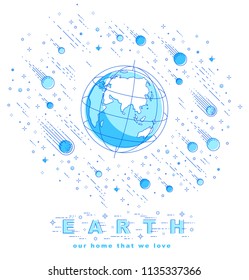 Earth in space, our planet in huge cosmos surrounded by meteorites, asteroids and stars. Cartoon science universe. Thin line 3d vector illustration isolated on white.