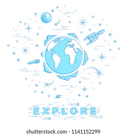Earth in space, our planet in huge cosmos surrounded by rockets, asteroids and stars. Cartoon science universe. Thin line 3d vector illustration isolated on white.