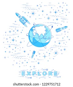 Earth in space, our planet in huge cosmos surrounded by rockets, asteroids and stars. Cartoon science universe. Thin line 3d vector illustration isolated on white.
