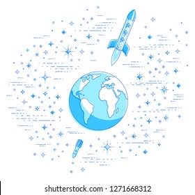 Earth in space, our planet in huge cosmos surrounded by rockets, asteroids and stars. Cartoon science universe. Thin line 3d vector illustration isolated on white.