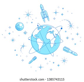 Earth in space, our planet in huge cosmos surrounded by artificial satellites, rockets and stars. Global communication technology theme. Thin line 3d vector illustration isolated on white.