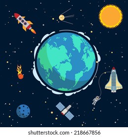 Earth in space poster with globe and spacecrafts and  satellites on orbit vector illustration