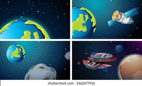 Earth space scene set illustration