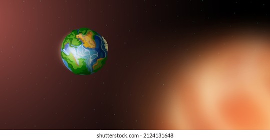 Earth in space with stars and huge glowing sun on defocused background. Blue planet covered with continents and oceans in far Universe, round astronomical object in cosmos, Cartoon vector illustration