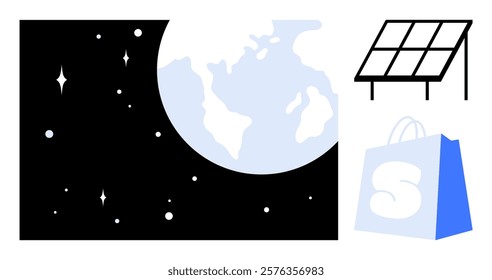 Earth in space with stars, a solar panel, and a shopping bag. Ideal for sustainability, space exploration, renewable energy, technology, and online shopping themes. Simple, modern vector style