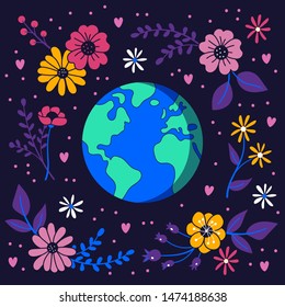 Earth in space surrounded by flowers. Floral background. Environmental conservation concept.