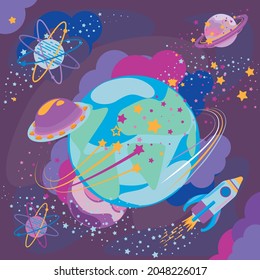 Earth in space  with ufo rockets planes and stars. Vector illustration.