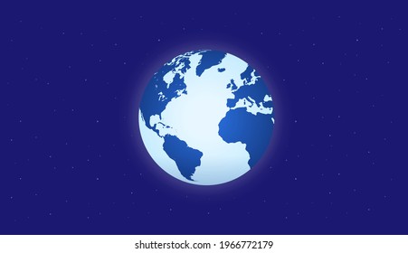 Earth in space vector illustration - Our planet with world map on dark blue background with stars.