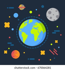 Earth in space vector illustration, solar system universe, moon, starts flat cartoon design