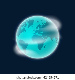 Earth from space vector, earth planet illustration isolated on dark blue background, smooth earth globe with white clouds in space design, rotating color earth icon