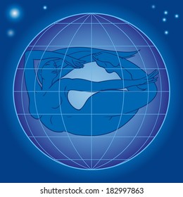 Earth in Space. Woman in a symbolic image of the planet flying in space.