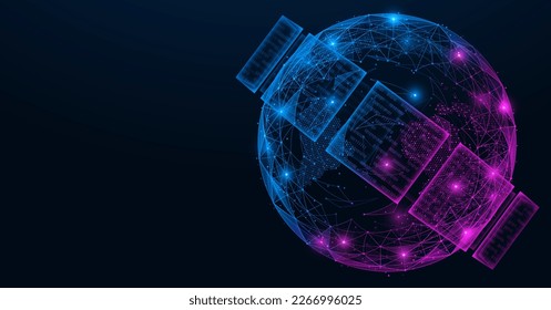 An Earth sphere with binary numbers in orbit. Polygonal design of lines and dots.