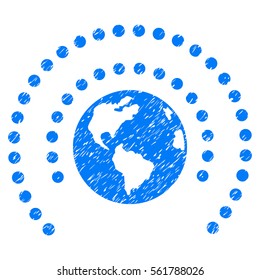 Earth Sphere Shield grainy textured icon for overlay watermark stamps. Flat symbol with unclean texture. Dotted vector blue ink rubber seal stamp with grunge design on a white background.