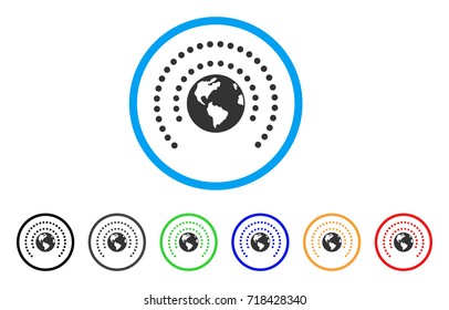 Earth Sphere Shield rounded icon. Style is a flat earth sphere shield gray symbol inside light blue circle with black, gray, green, blue, red, orange variants.