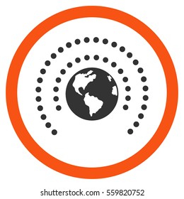 Earth Sphere Shield vector bicolor rounded icon. Image style is a flat icon symbol inside a circle, orange and gray colors, white background.