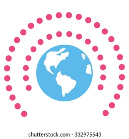 Earth Sphere Shield vector icon. Style is bicolor flat symbol, pink and blue colors, rounded angles, white background.