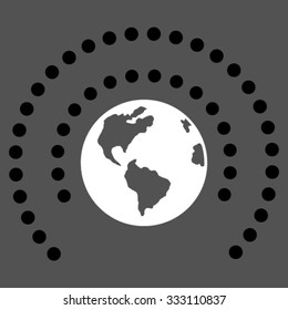 Earth Sphere Shield vector icon. Style is bicolor flat symbol, black and white colors, rounded angles, gray background.