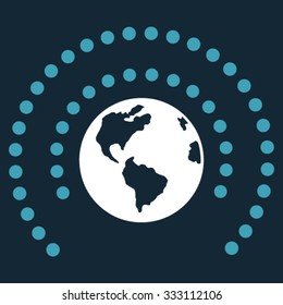 Earth Sphere Shield vector icon. Style is bicolor flat symbol, blue and white colors, rounded angles, dark blue background.