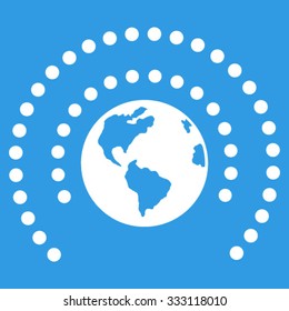Earth Sphere Shield vector icon. Style is flat symbol, white color, rounded angles, blue background.
