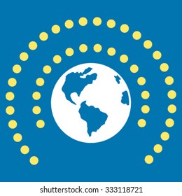 Earth Sphere Shield vector icon. Style is bicolor flat symbol, yellow and white colors, rounded angles, blue background.