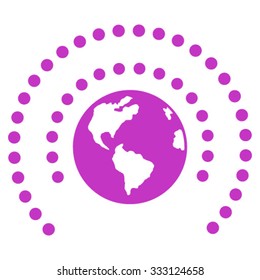 Earth Sphere Shield vector icon. Style is flat symbol, violet color, rounded angles, white background.