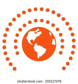 Earth Sphere Shield vector icon. Style is flat symbol, orange color, rounded angles, white background.