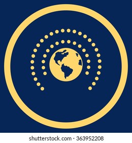 Earth Sphere Shield vector icon. Style is flat circled symbol, yellow color, rounded angles, blue background.