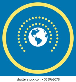 Earth Sphere Shield vector icon. Style is bicolor flat circled symbol, yellow and white colors, rounded angles, blue background.