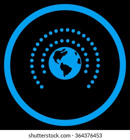 Earth Sphere Shield vector icon. Style is flat circled symbol, blue color, rounded angles, black background.
