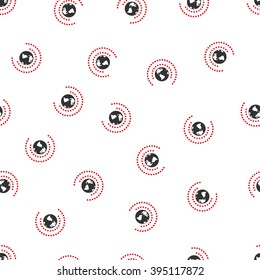 Earth Sphere Shield vector seamless repeatable pattern. Style is flat red and dark gray earth sphere shield symbols on a white background.