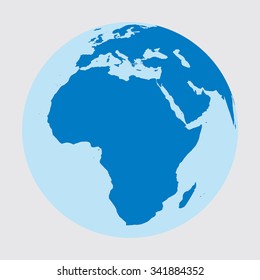 Earth as a sphere where we see Africa and part of Europe and Asia. Continents are blue and white background. Vector