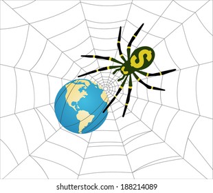 Earth in spider web. With dollar spider. Vector on white background