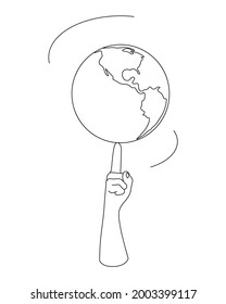 The earth is spinning on the forefinger. Planet earth with finger created by lines.