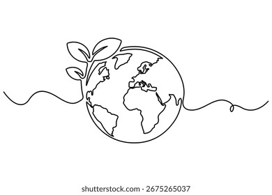 Earth with sprout one continuous line drawing editable outline vector illustration symbol of sustainability and eco growth
