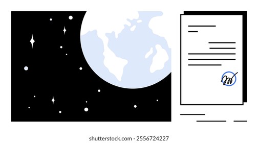 Earth and stars visible next to stack of documents with signature and pen. Ideal for space research agreements educational material science projects astronomy paperwork futuristic themes modern style