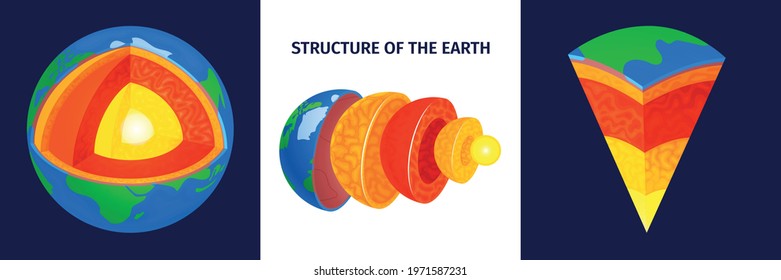 Earth structure design concept set of three square colored icons with cross section layers isometric vector illustration