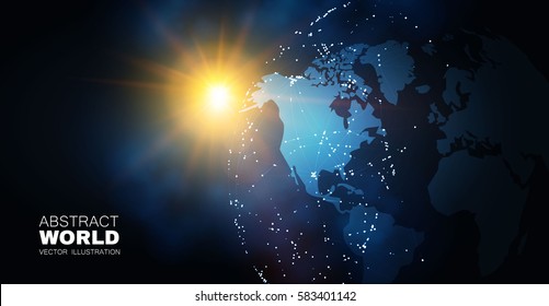  Earth and Sun Cosmos Design. World Map Points. Global Network Design. Traffic and Communication Space. Vector illustration