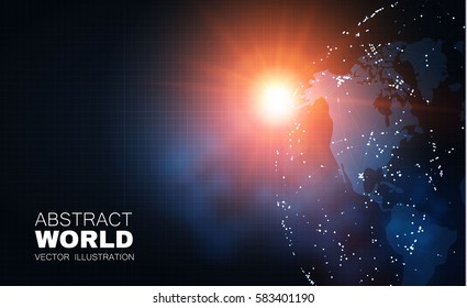  Earth and Sun Cosmos Design. World Map Points. Global Network Design. Traffic and Communication Space. Vector illustration