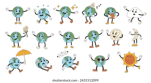 Earth sun, moon and cloud characters in rubber hose style. Retro planet mascots set isolated on white background. Vector illustration.