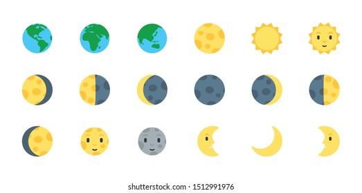 Earth, Sun and Moon Icons Vector Emoji Set. All Type of Moon Light. Planet Symbols. Moon Surface. Crescent Moon.