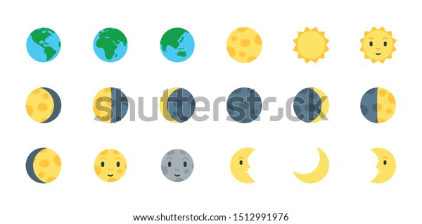 Earth, Sun and Moon\
Icons Vector Emoji Set. All Type of Moon Light. Planet Symbols.\
Moon Surface. Crescent\
Moon.