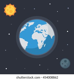 Earth with sun, moon, stars. Concept Vector space banner icons for online  web design or print