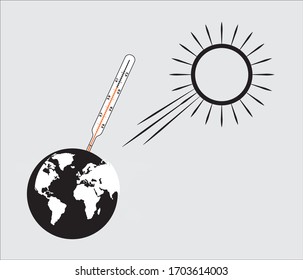 Earth with sun and thermometer as a symbol hot days and symbol of global warming.